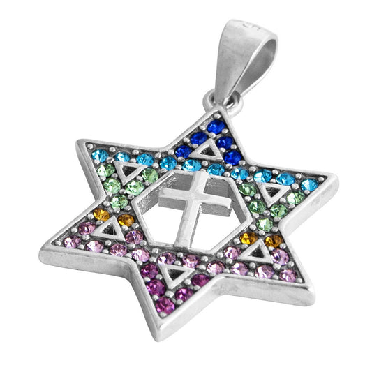 Silver 925 & Multi-Color Rainbow Zircons MESSIANIC Star Of David With Cross Pendant Israel Charm Necklace Jerusalem Gift