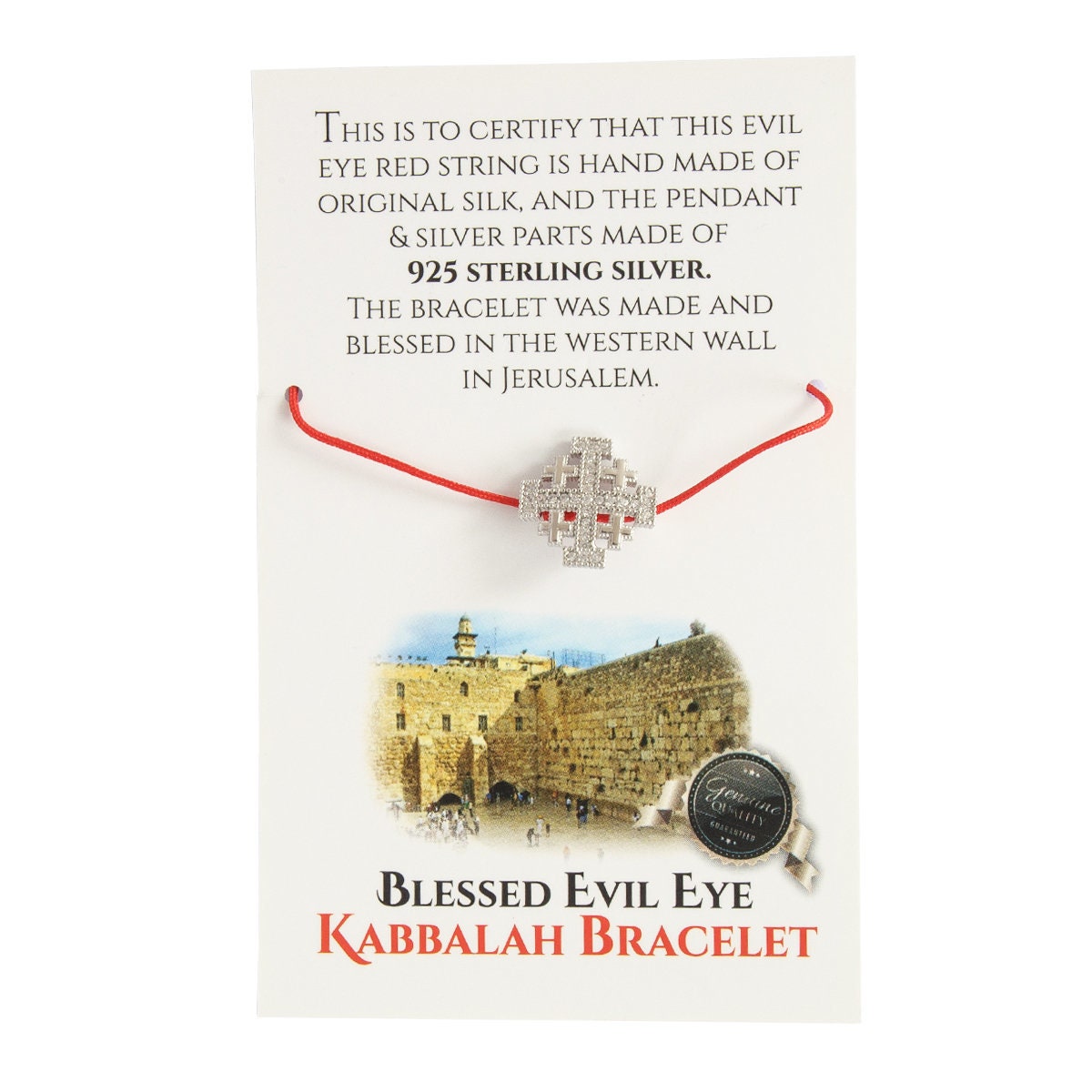 Evil Eye Red Thread Thin Silk Bracelet With Silver 925 Jerusalem Cross Blessed Charm Pendant  + Blessing Certificate