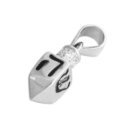 Silver 925 & Zircon Stones Mini Spinning Top DREIDEL Pendant Necklace, With 4 Hebrew Letters -  Israel Judaica Cute Charm Gift + Chain