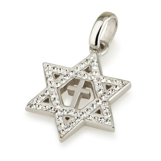 Silver 925 MESSIANIC SYMBOL Star of David & Cross With Clear Swarovski Stones Pendant Israel Gift Necklace From Jerusalem