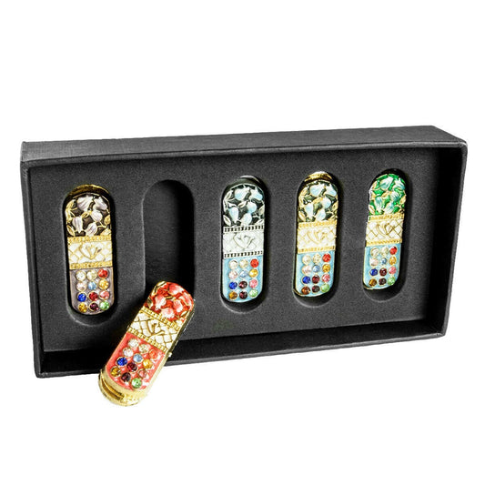 Set Of 5 Mini Enamel Car Mezuzah & Scroll In Multiple Styles: Menorah, Star Of David, Jerusalem Crown, Ephod Choshen - Judaica Art Lots Pack