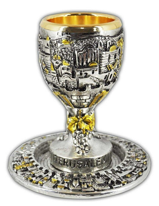 Silver Plated 925 Massive Kiddush Cup + Plate With Jerusalem Panorama Etching Goblet From Jerusalem