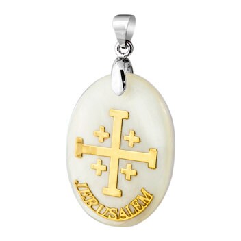 Mother Of Pearl Oval Pendant With 14K Gold Plating JERUSALEM CROSS & With Sterling Silver 925 Box Chain From Jerusalem Holy Land Gift