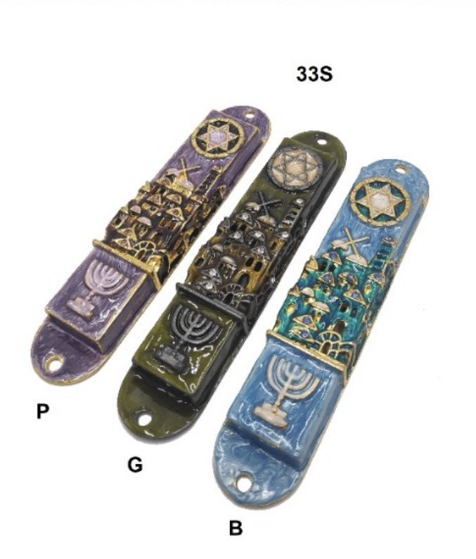 New Enamel Door Mezuzah - 10 cm Height In Multiple Designs: Menorah / Star Of David / Tree Of Life / Hamsa / Dove Of Peace / Shadai - LOT