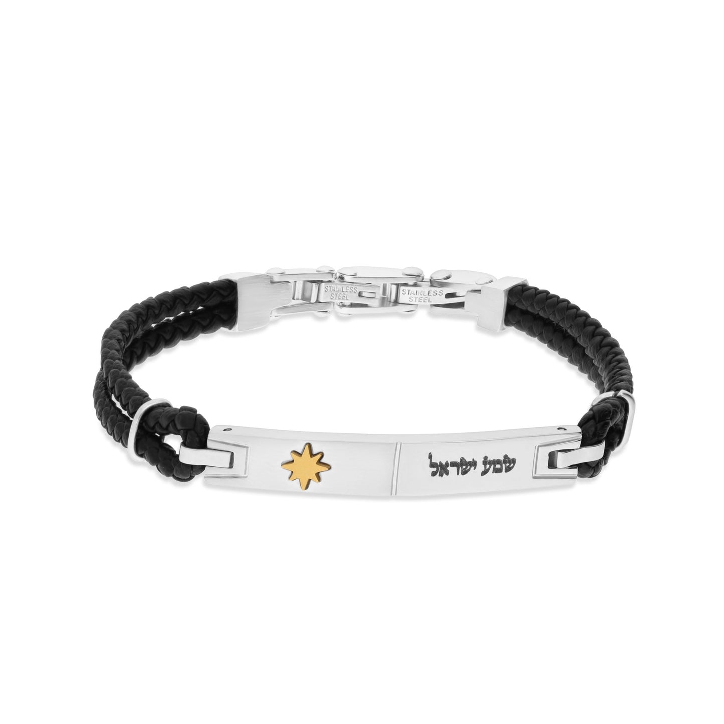 Custom Engraved Silver 925 & Featured 18K PURE GOLD STAR Bracelet And Genuine Braided Leather. Wrist Band Cuff Bracelet With Judaica Prayer