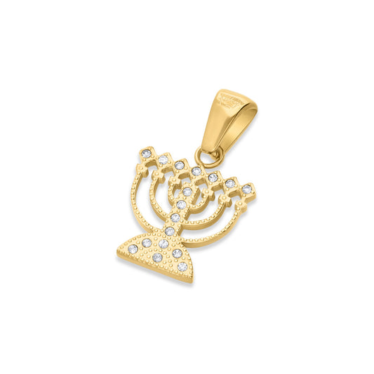 Custom Engraved 18K Gold Filled MENORAH & Zircons Pendant Personalized Seven Branch Judaica Symbol Israel Gift Necklace