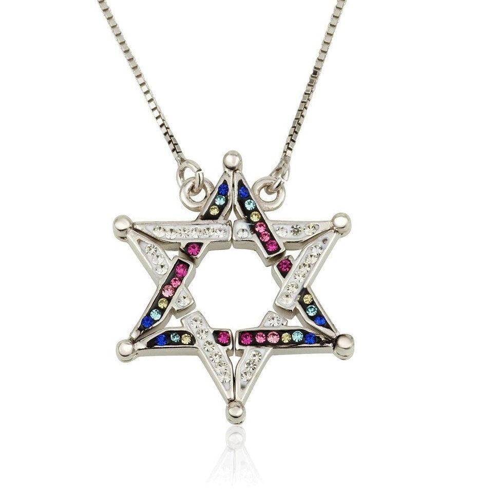 Silver 925 Double Side Star Of David Opening Magnetic Necklace White & Multi Color Swarovski Stones Butterfly Magen David Judaica Necklace