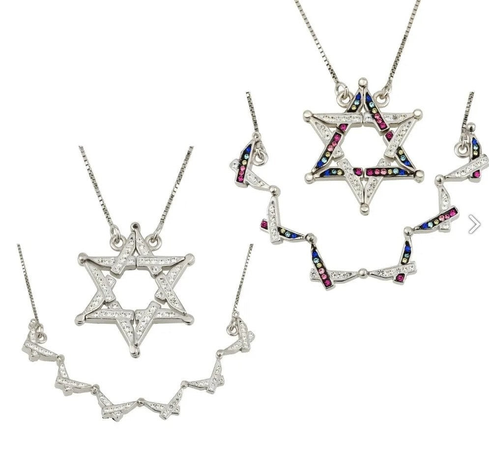 Silver 925 Double Side Star Of David Opening Magnetic Necklace White & Multi Color Swarovski Stones Butterfly Magen David Judaica Necklace