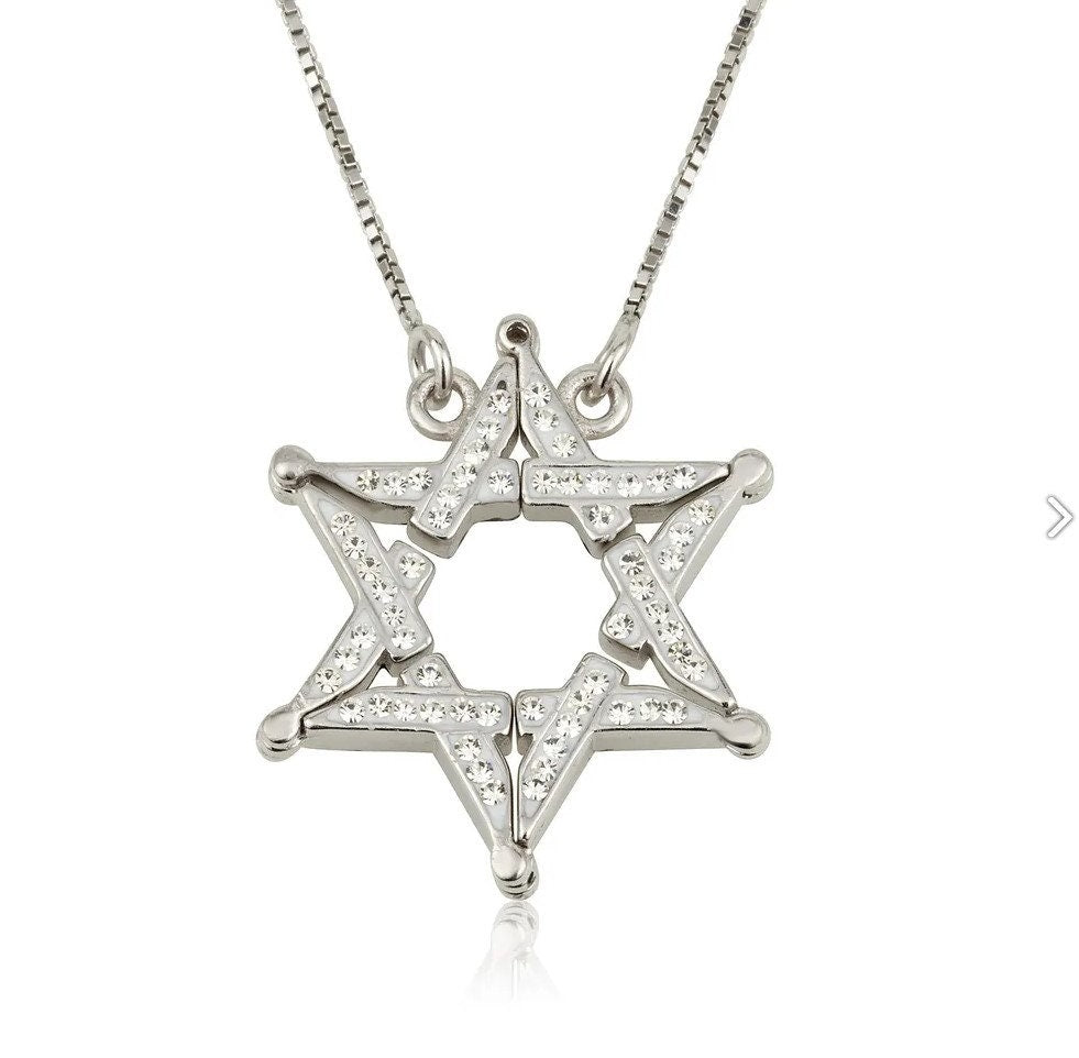 Silver 925 Double Side Star Of David Opening Magnetic Necklace White & Multi Color Swarovski Stones Butterfly Magen David Judaica Necklace