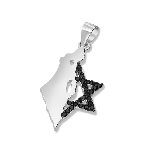 Silver 925 ISRAEL MAP Pendant Half Israel Map & Half Star Of David With black Zircons, Israel Sketch Territory October 7 Necklace Gift